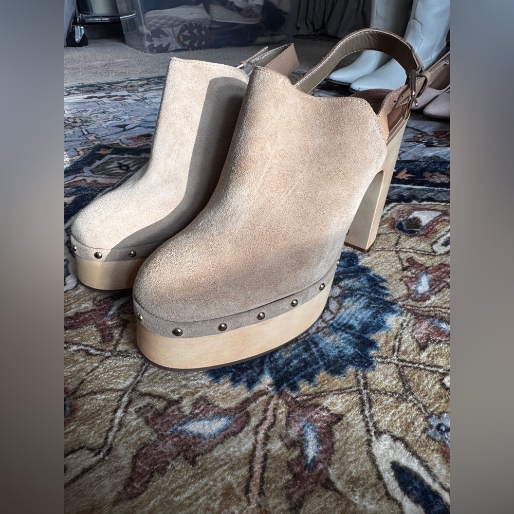 Vince Camuto Taupe Suede Platform Clogs with Studded Trim - Picture 3 of 5